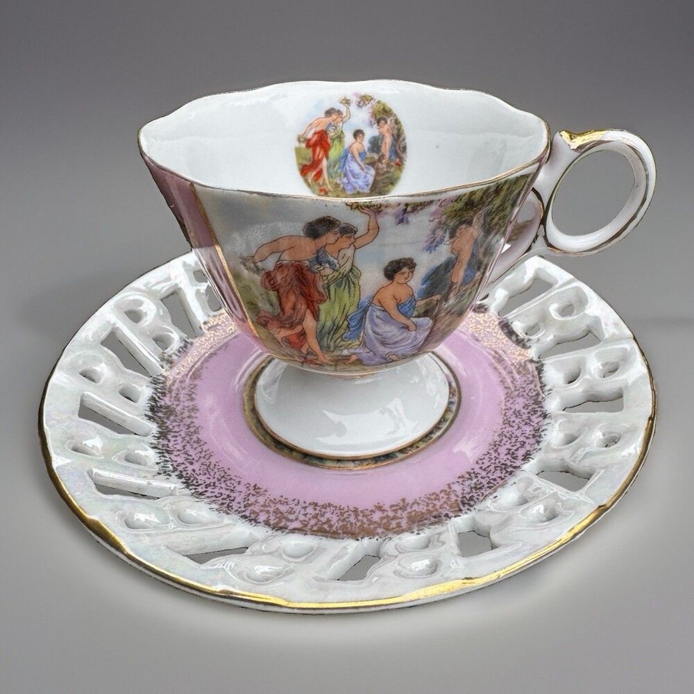 VTG Royal Halsey Fine Bone China Classical Figures Teacup & Reticulated Saucer